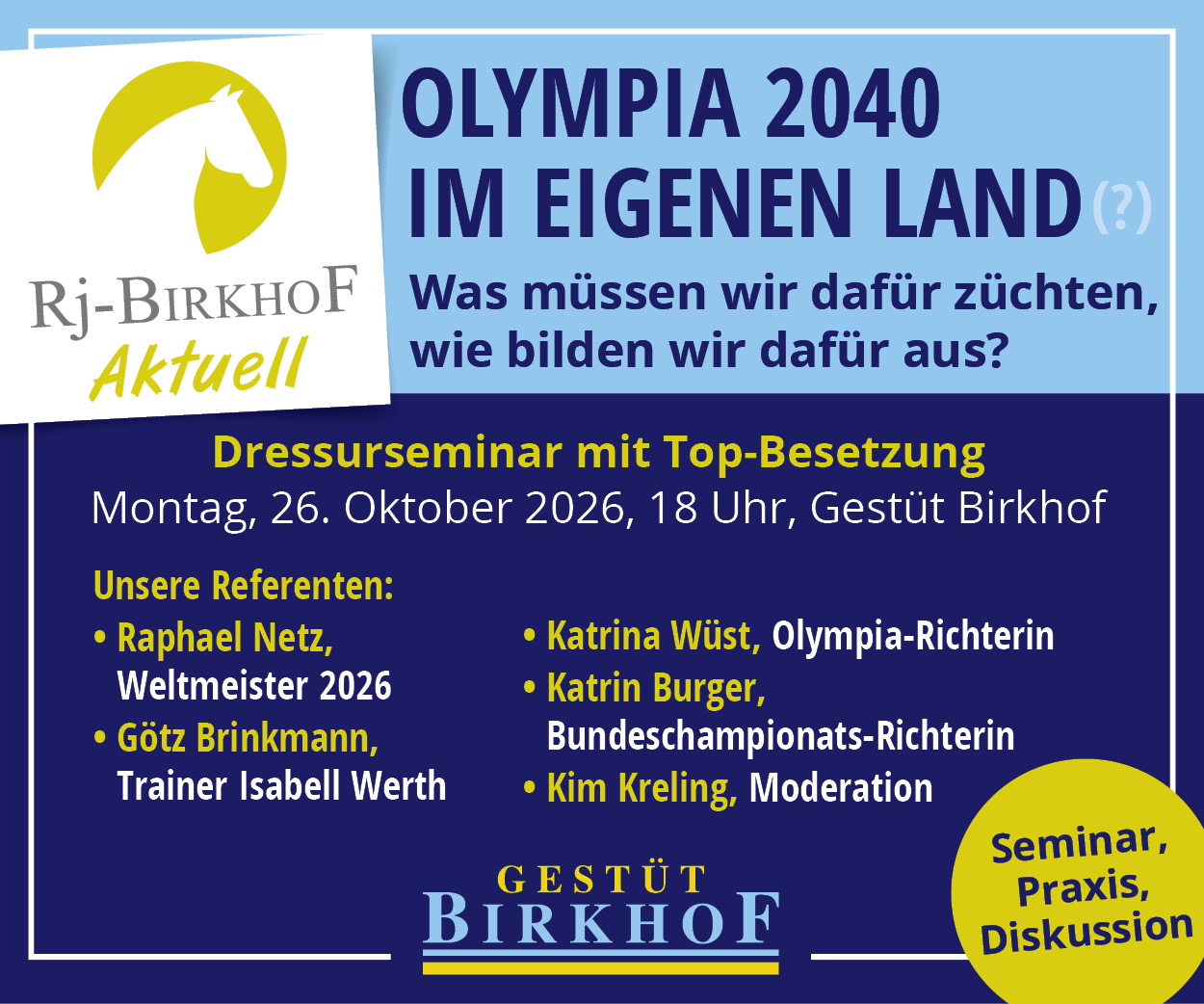 Weltmeister auf dem Gestüt Birkhof - RJ-Birkhof aktuell: Olympia 2040 im eigenen Land – Was müssen wir dafür züchten, wie bilden wir dafür aus?